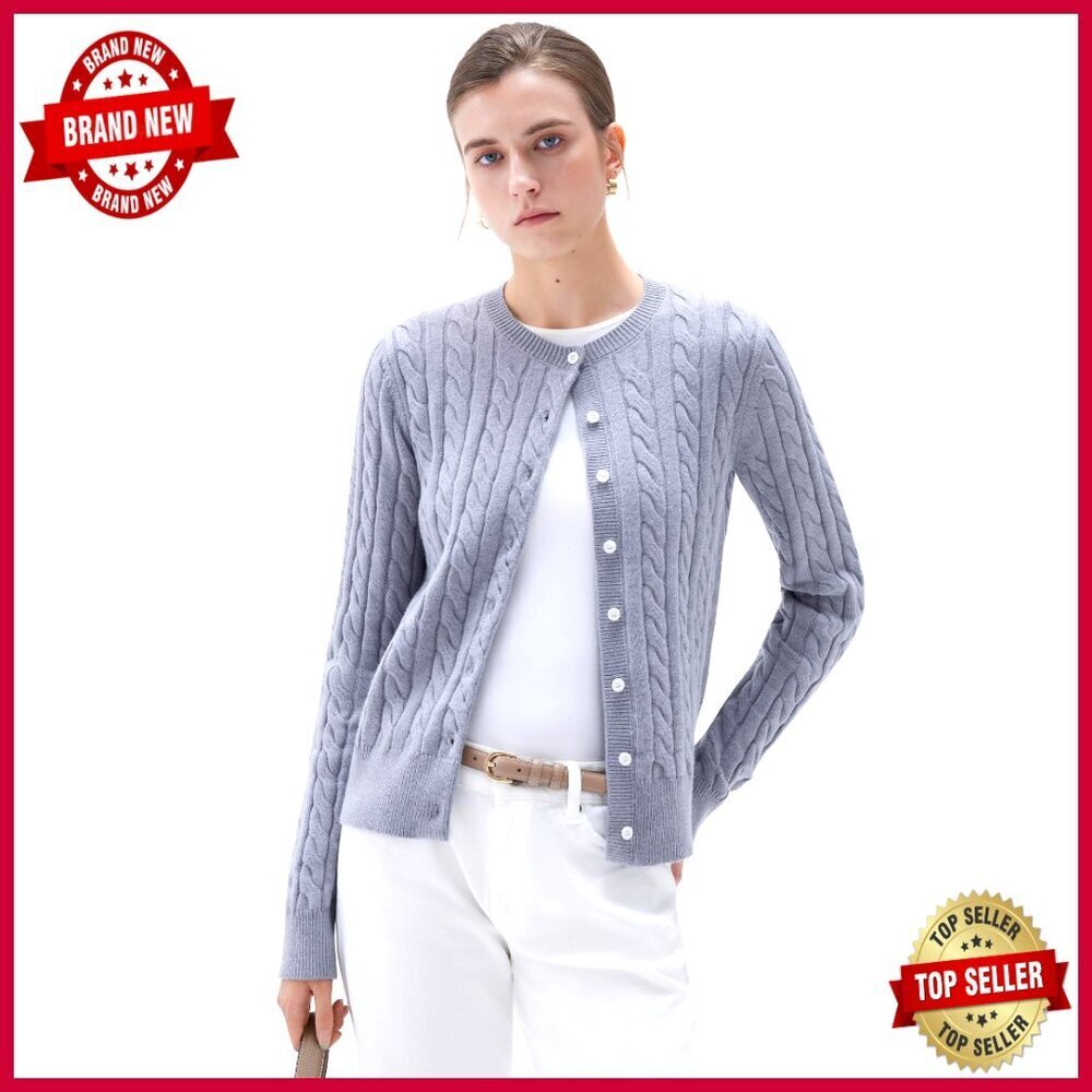 Cashmere Blend Chunky Cardigan Sweater Crew Neck Button Up Fitted